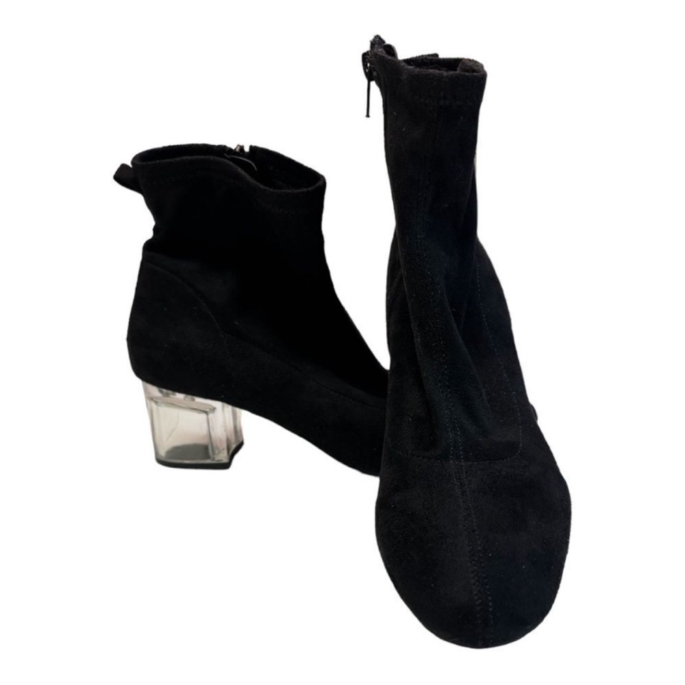 Bar III Faux Suede Black Lacy Boho Clear Block Heel  Booties Size 9